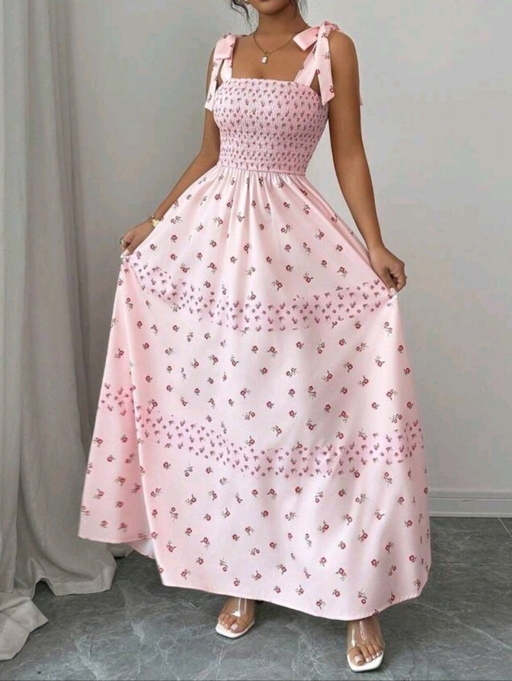 Smocked Tie-Shoulder Pink Floral Maxi Summer Dress
